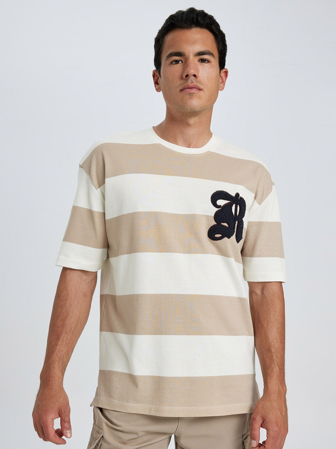 

DeFacto Striped Round Neck Pure Cotton T-shirt, Beige