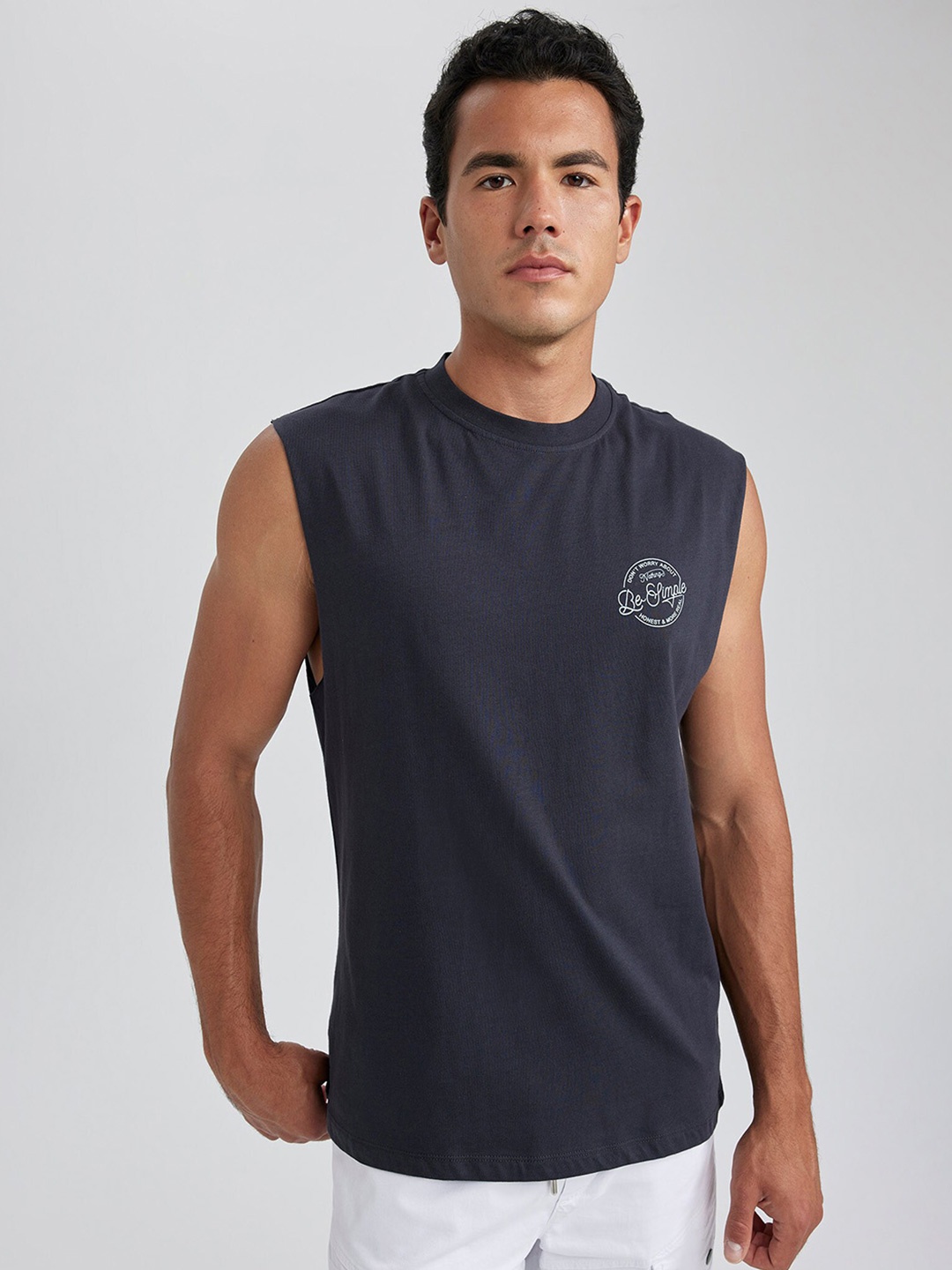 

DeFacto Typography Printed Sleeveless Pure Cotton T-shirt, Grey