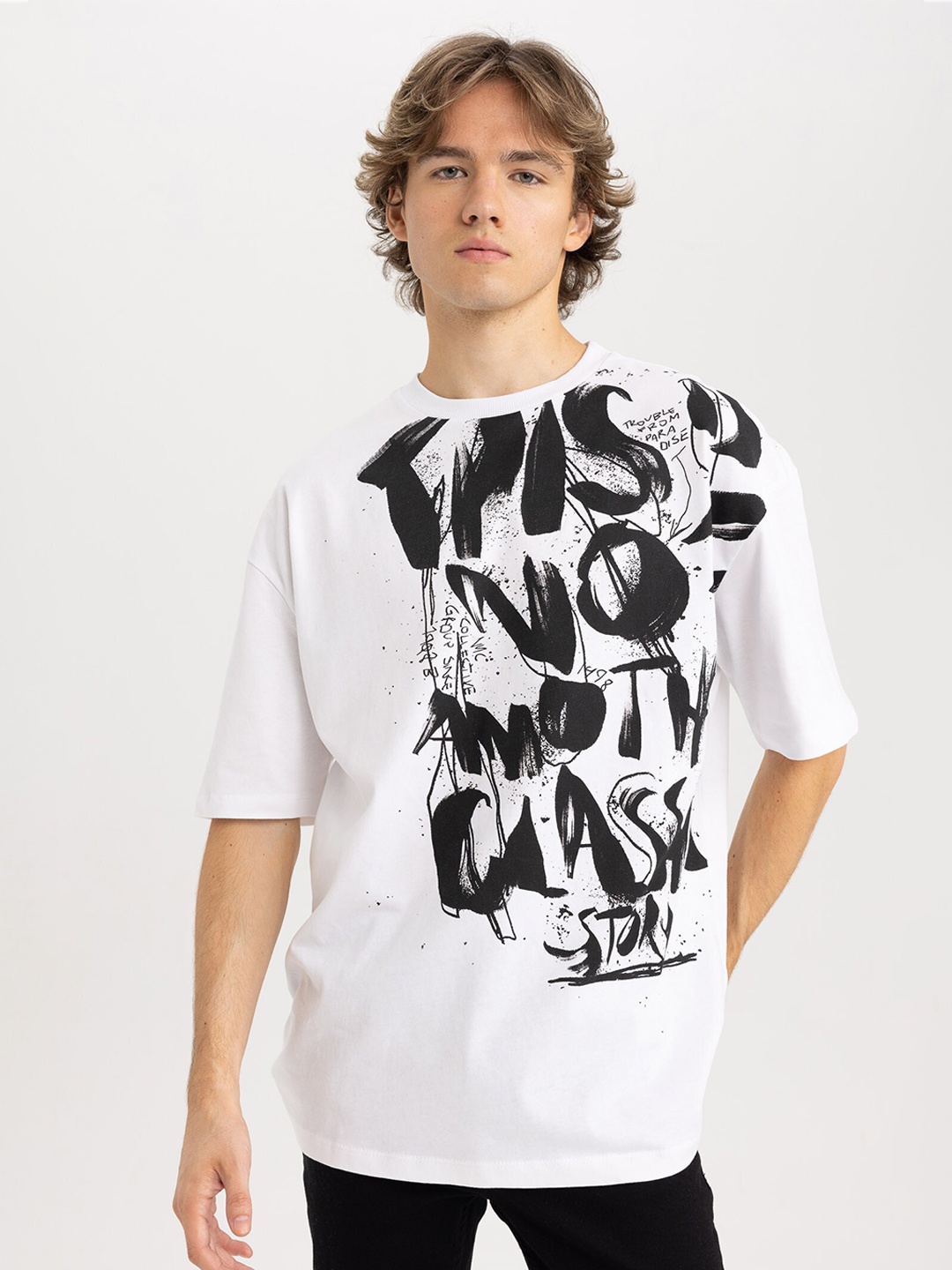 

DeFacto Typography Printed Drop-Shoulder Sleeves Cotton T-Shirt, White