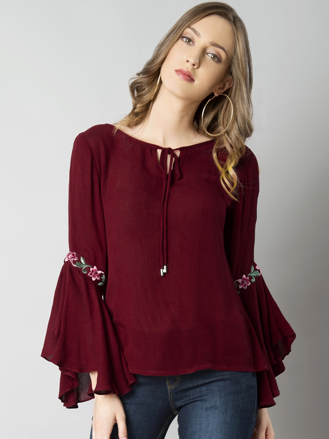 

FabAlley Women Maroon Solid Embroidered Top