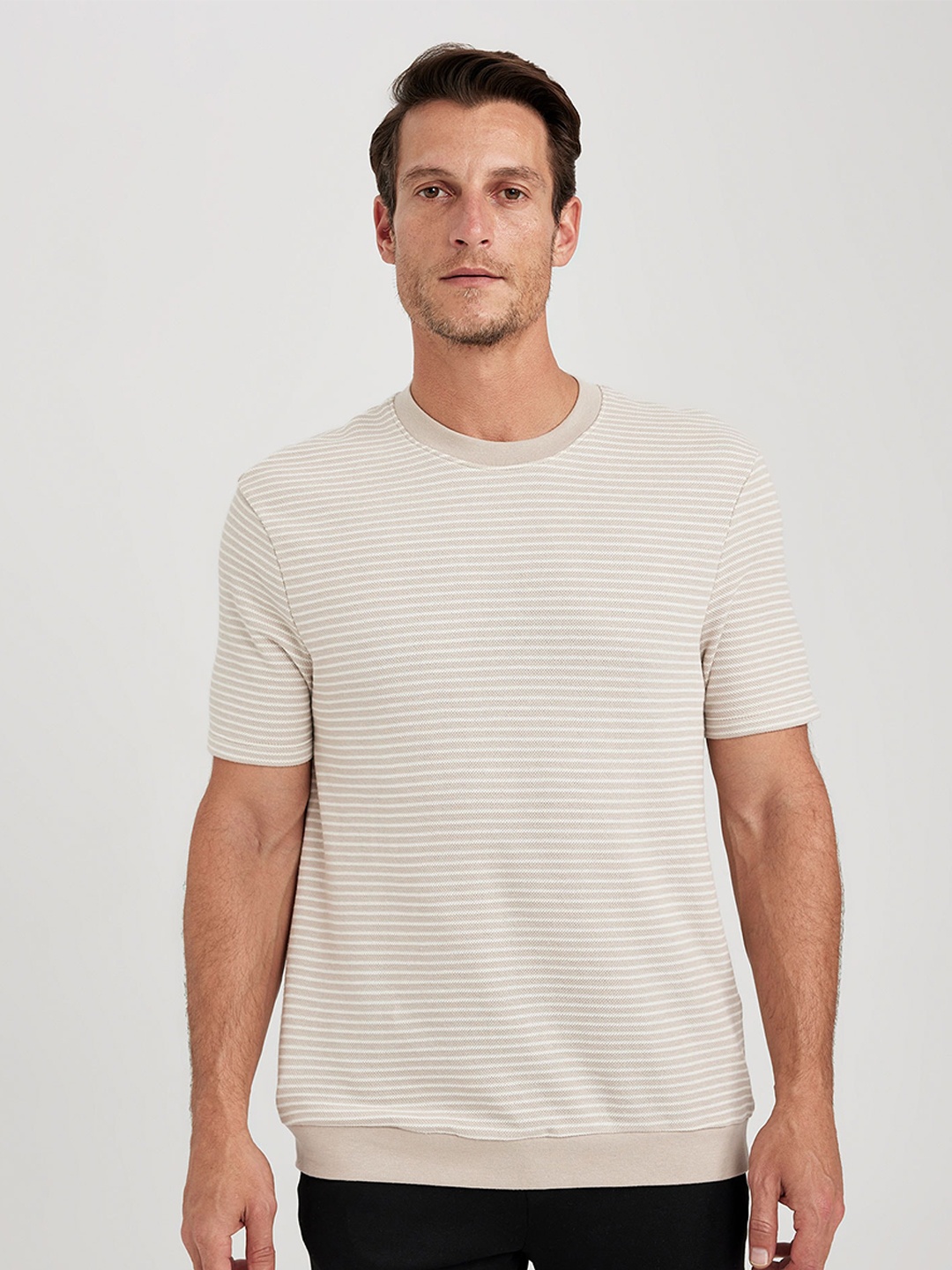 

DeFacto Striped Round Neck T-shirt, Beige