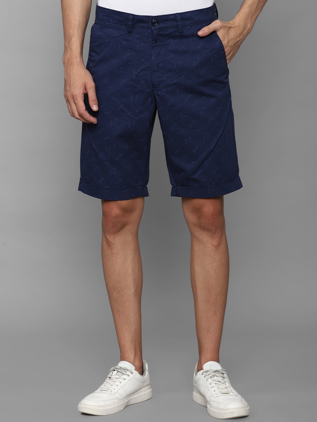 

Allen Solly Men Geometric Printed Slim Fit Pure Cotton Shorts, Navy blue