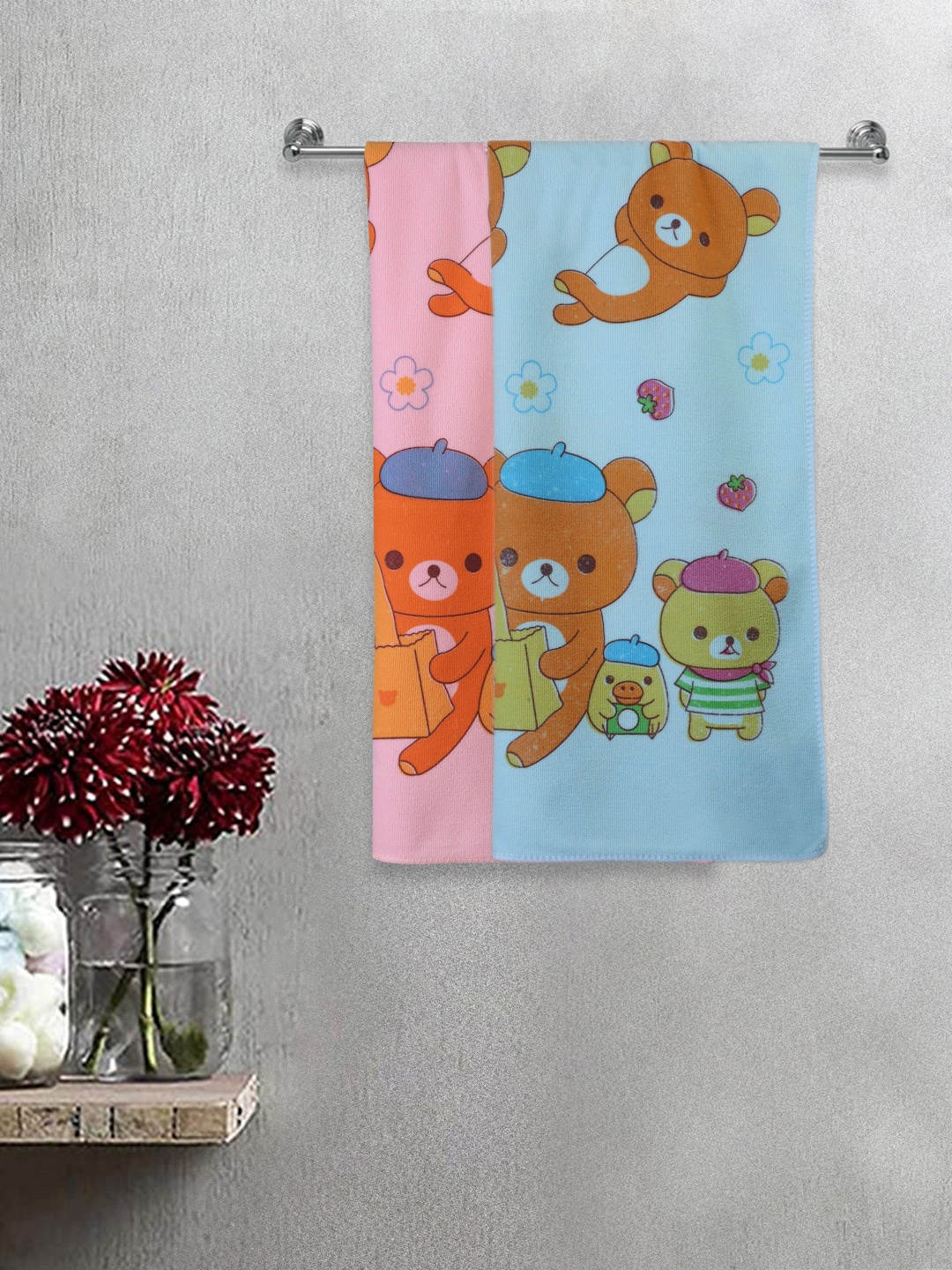 

FABINALIV Kids Pink & Blue 2 Pieces Cartoon Printed 300 GSM Cotton Bath Towels