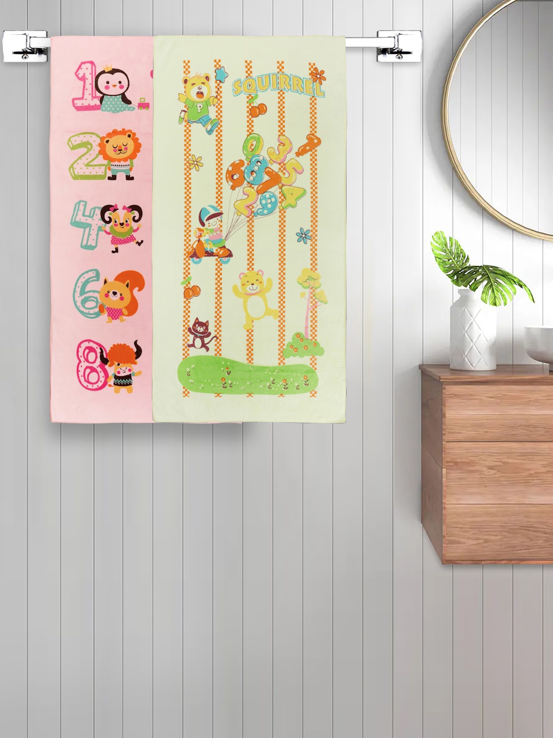 

FABINALIV Kids Pink & Green 2 Pieces Cartoon Printed 420 GSM Bath Towels