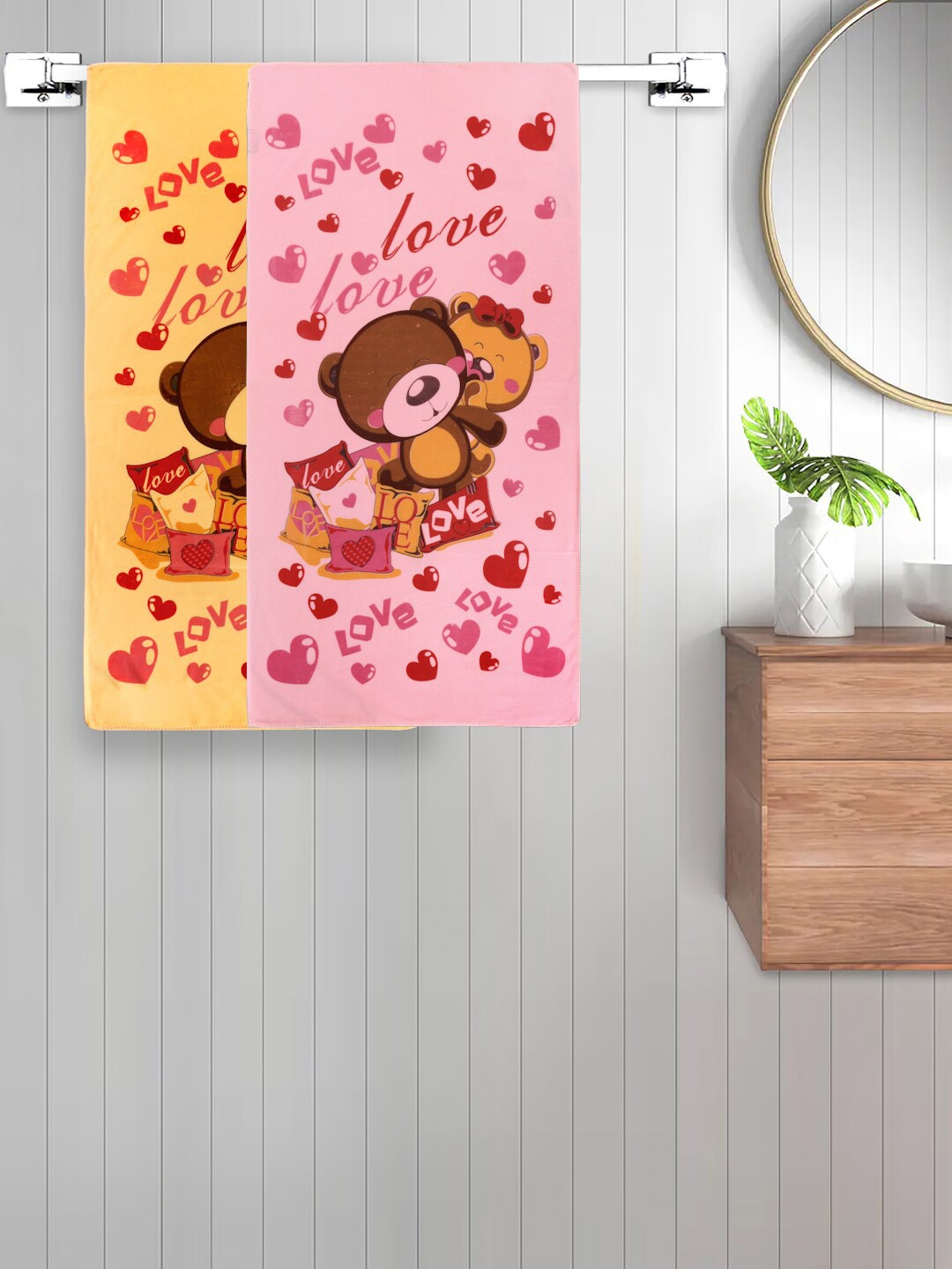 

FABINALIV Kids Red & Yellow 2 Pieces Cartoon Printed 300 GSM Cotton Bath Towels, Pink