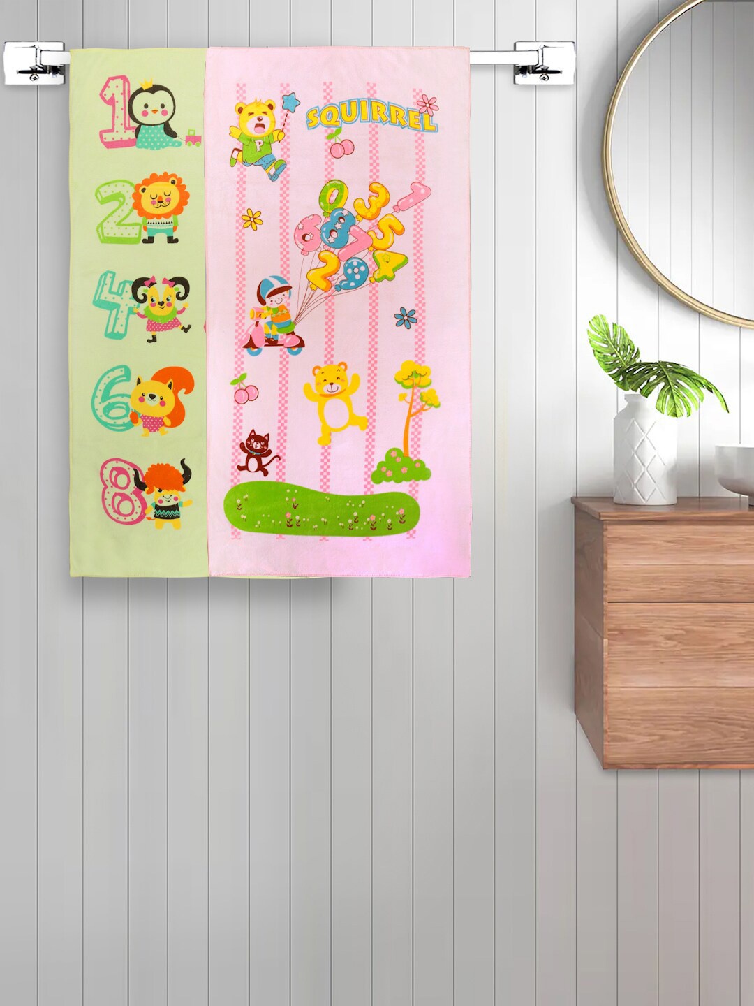

FABINALIV Kids 2 Pcs Pink & Green Printed 420 GSM Cotton Bath Towels