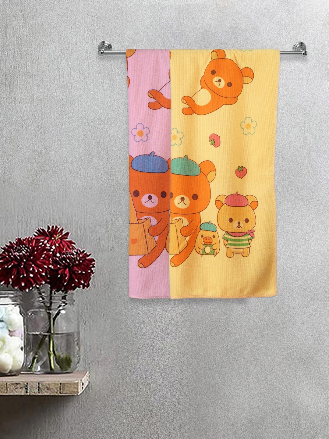 

FABINALIV Kids 2 Pcs Pink & Yellow Printed 300 GSM Cotton Bath Towels