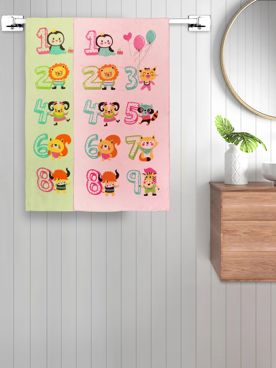 

FABINALIV Kids Pink & Green 2 Pieces Printed 420 GSM Cotton Bath Towels