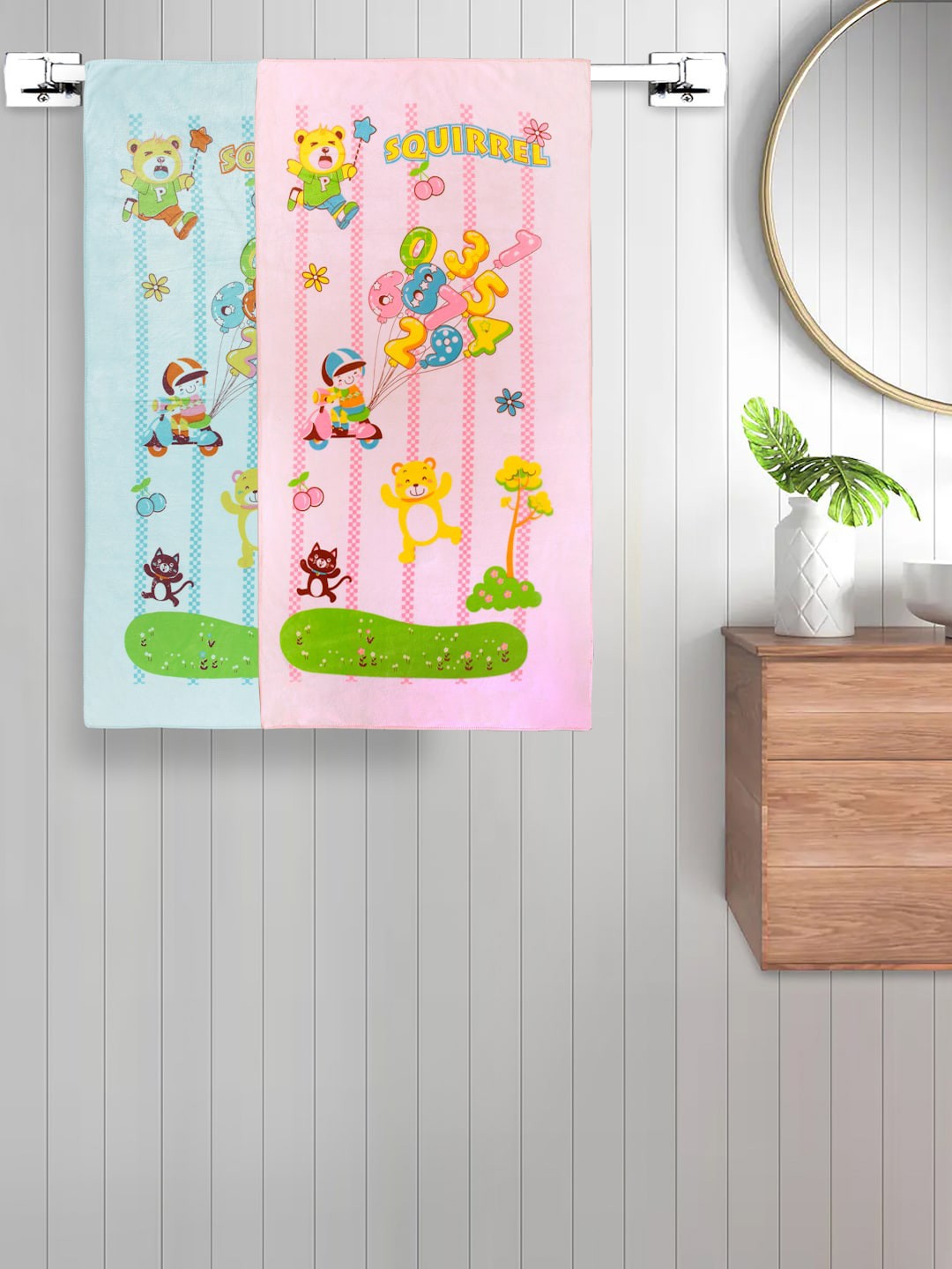 

FABINALIV Kids Pink & Blue 2-Pieces Printed 420 GSM Cotton Bath Towels
