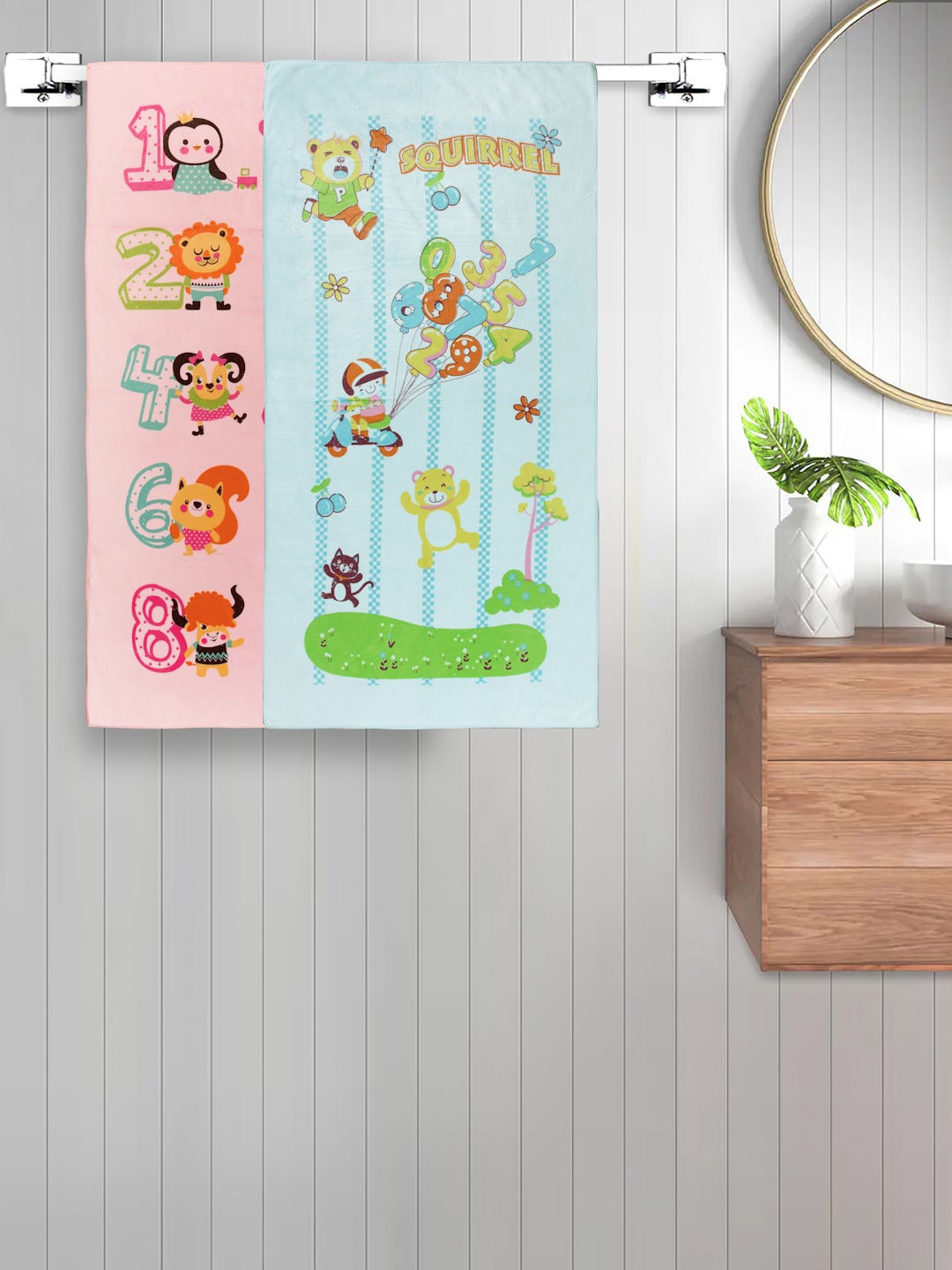 

FABINALIV Kids 2 Pcs Blue & Pink Printed 420 GSM Cotton Bath Towels