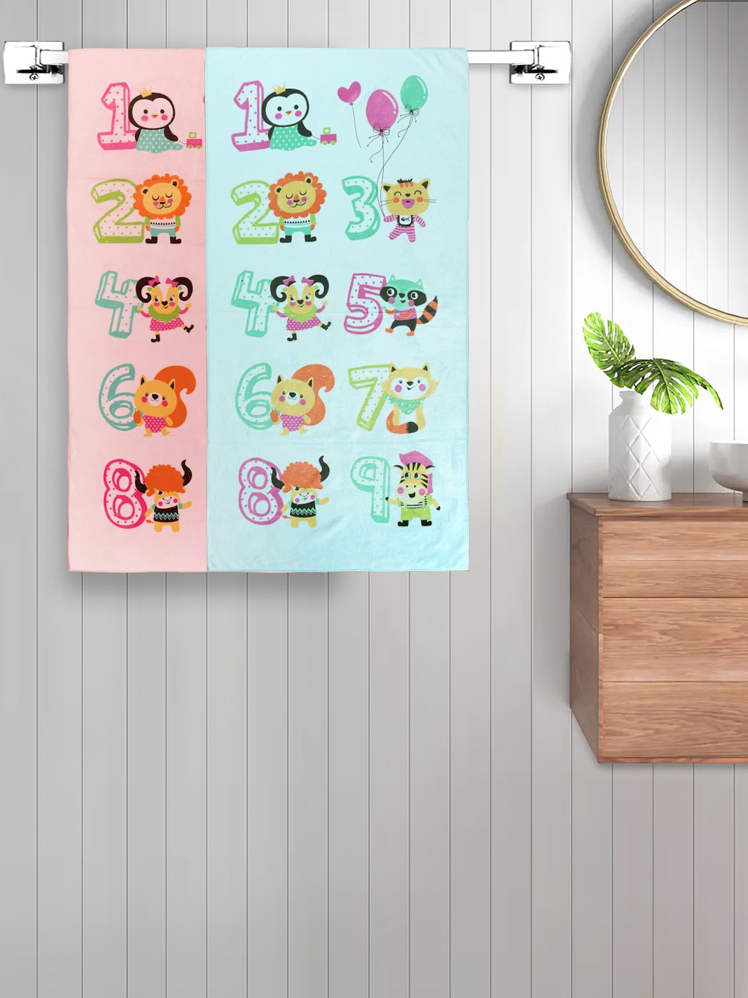 

FABINALIV Kids Blue & Pink 2 Pieces Printed 420 GSM Cotton Bath Towels