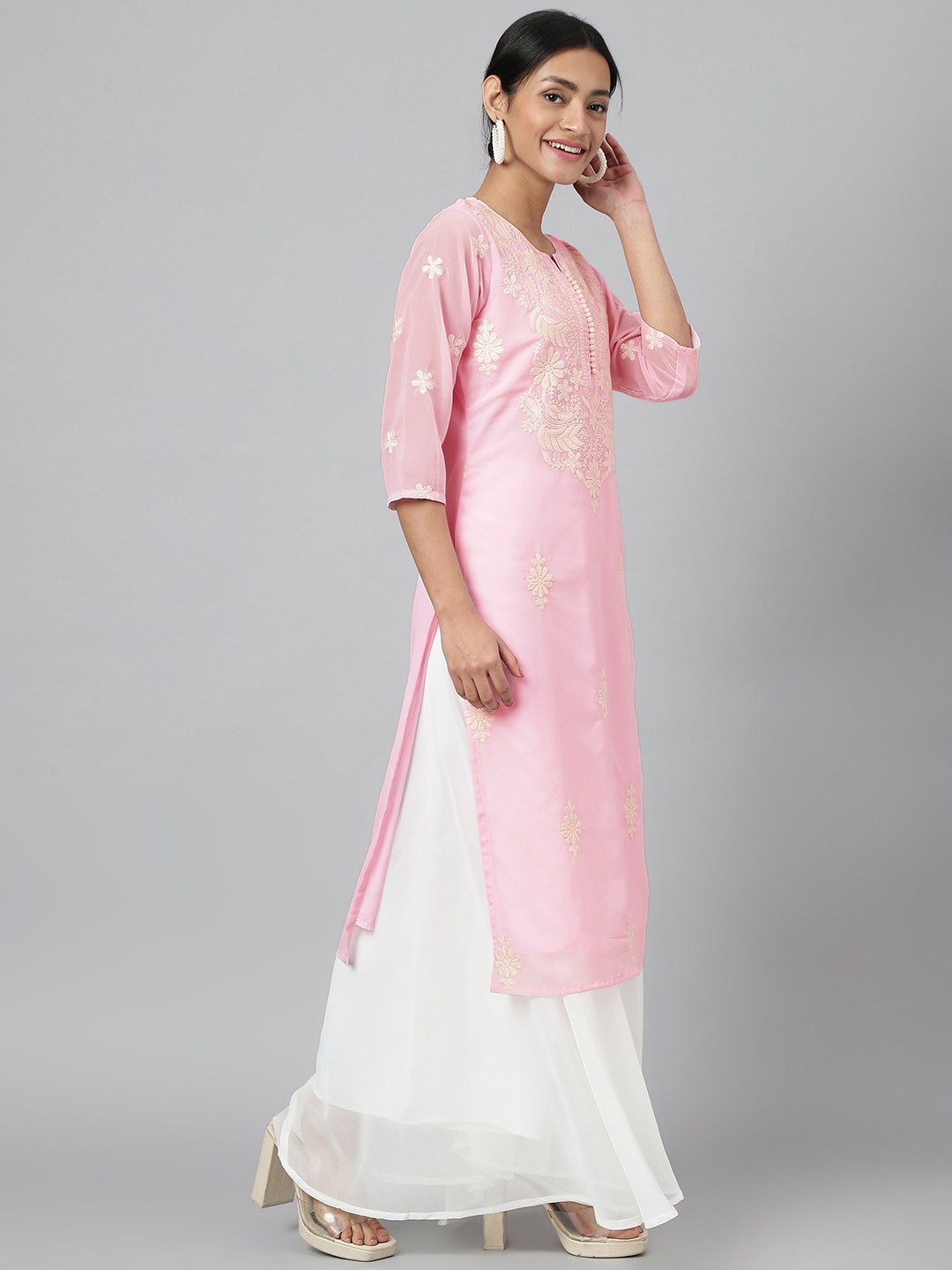 

RATAN Floral Embroidered Chikankari Round Neck Kurta with Sharara, Pink