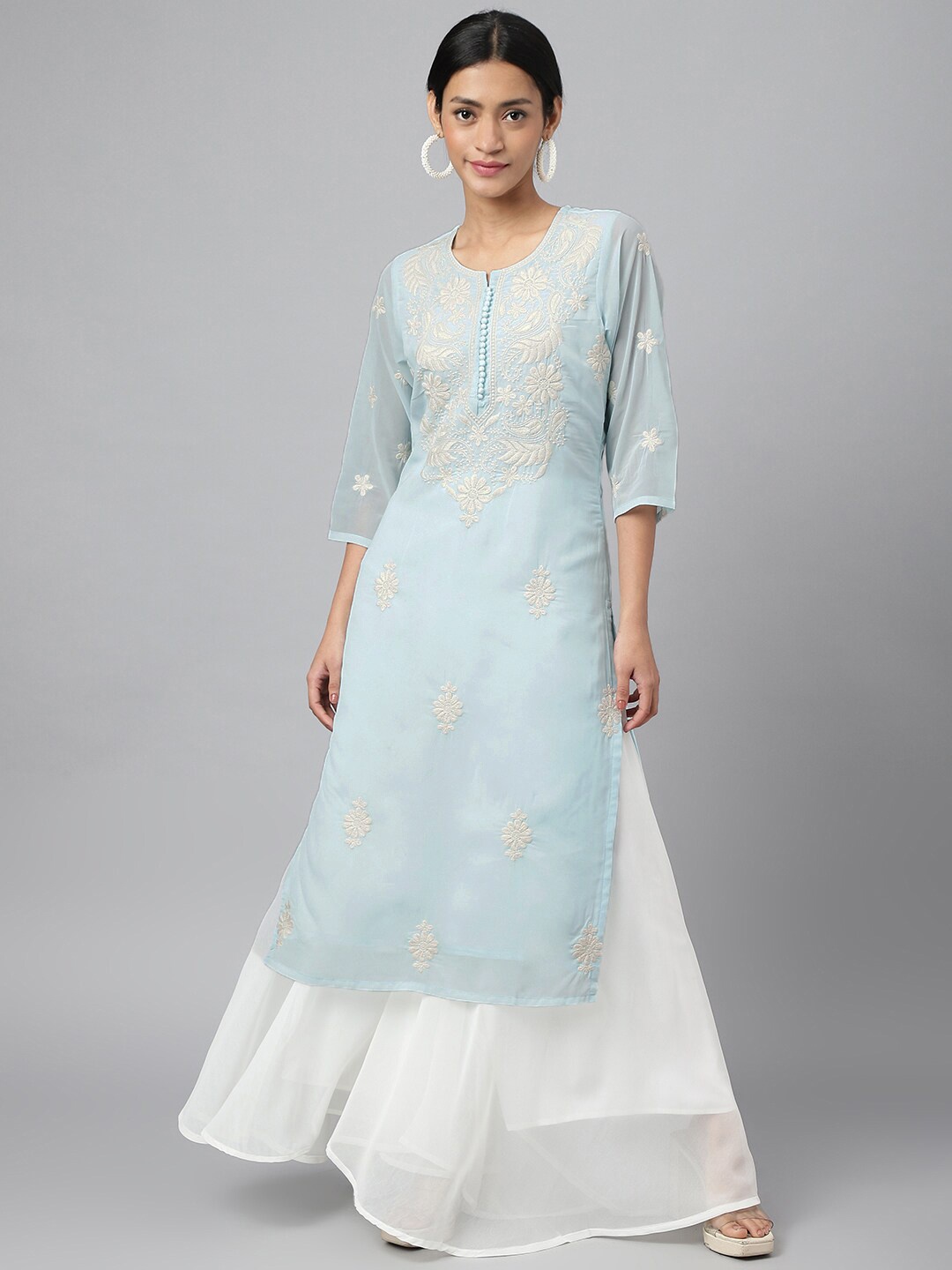 

RATAN Floral Embroidered Chikankari Round Neck Kurta with Sharara, Blue