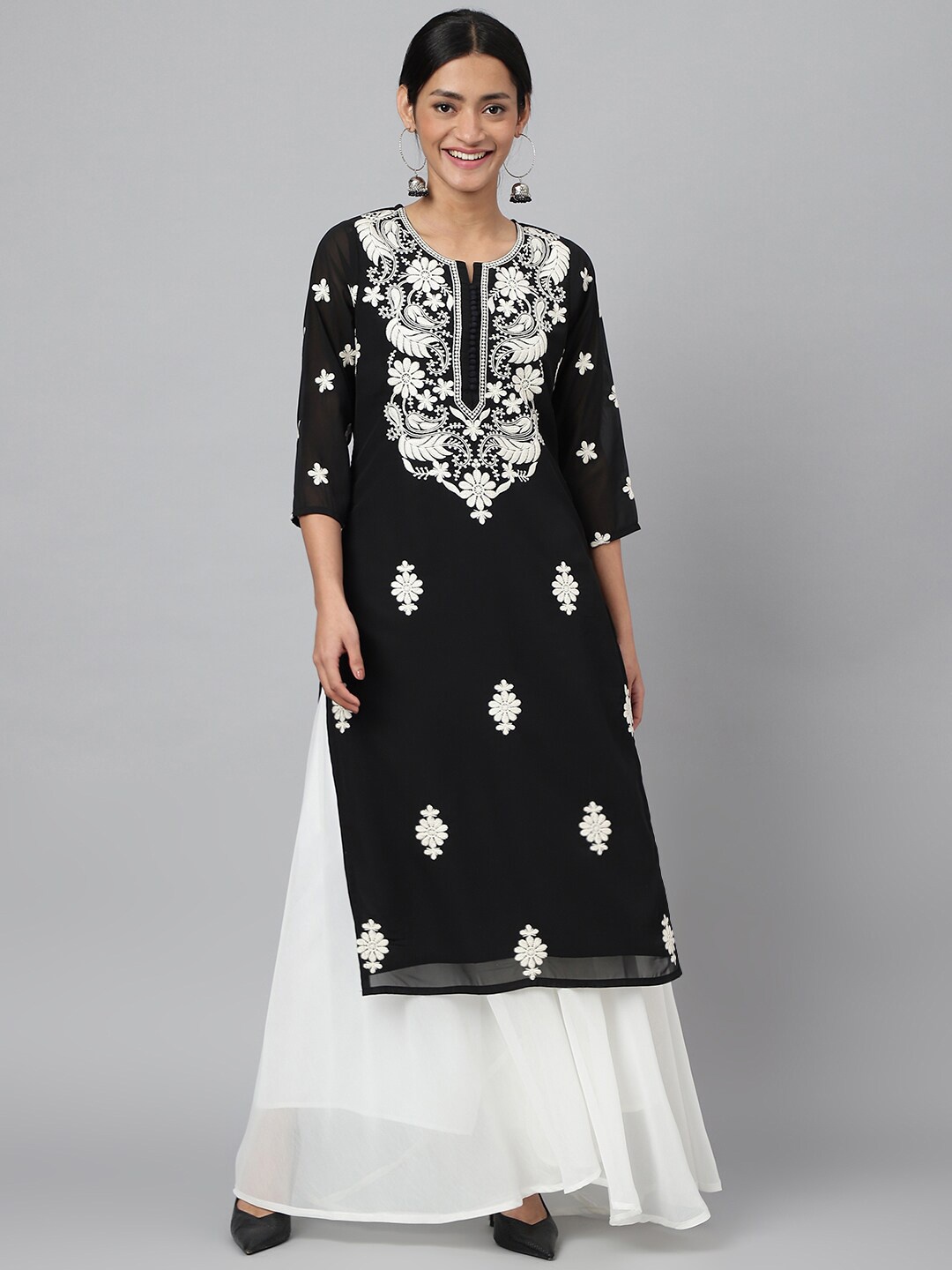 

RATAN Floral Embroidered Chikankari Round Neck Kurta with Sharara, Black