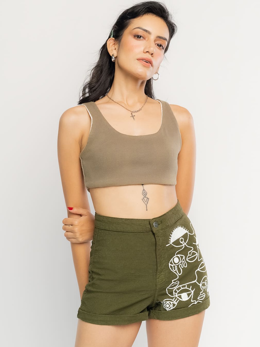 

FREAKINS Women Green Printed High-Rise Pure Cotton Shorts