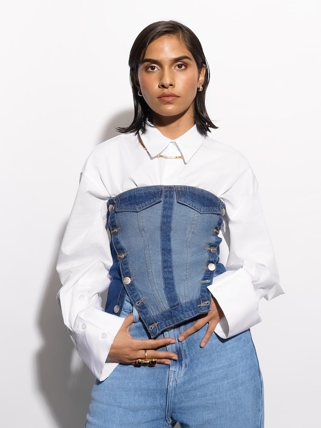 

FREAKINS Blue Off-Shoulder Pure Cotton Cropped Denim Fitted Top