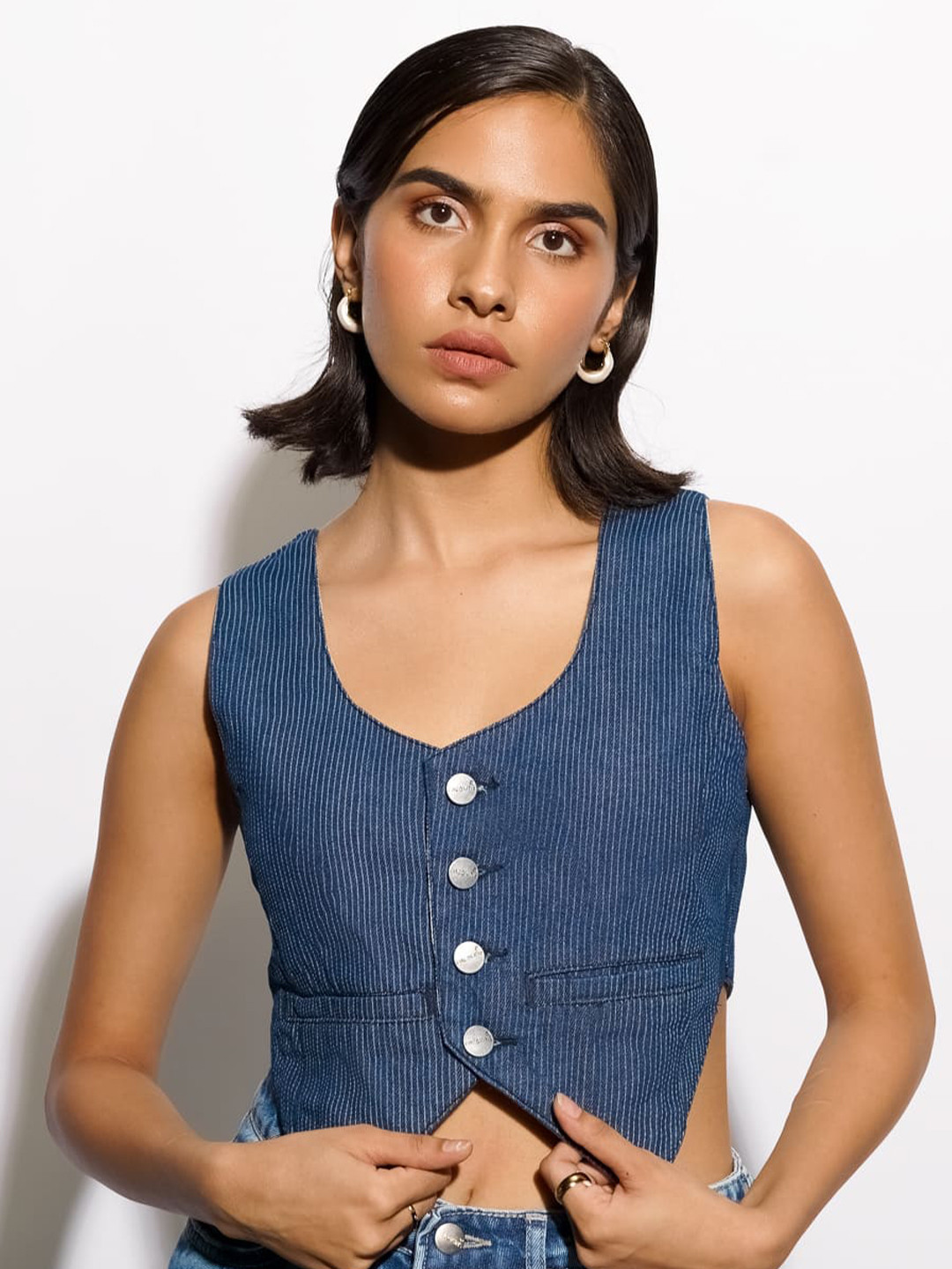 

FREAKINS Blue Scoop Neck Lazer Striped Pure Cotton Cropped Denim Vest Top