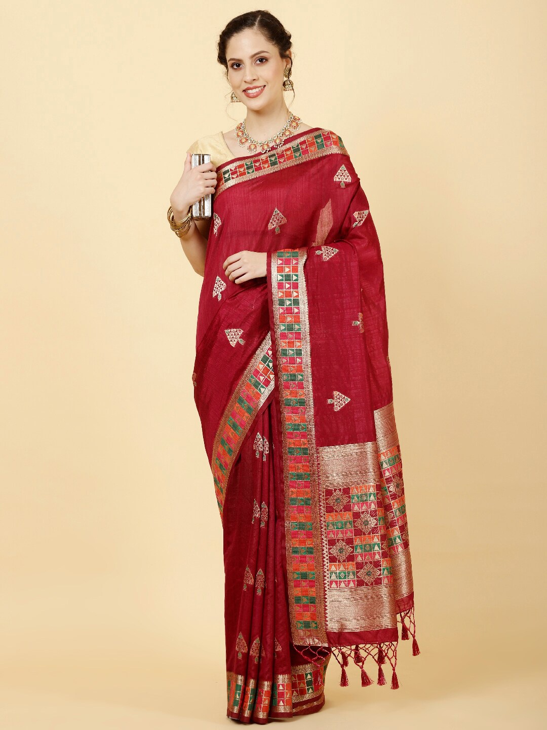 

Meena Bazaar Geometric Woven Design Zari Art Silk Saree, Burgundy