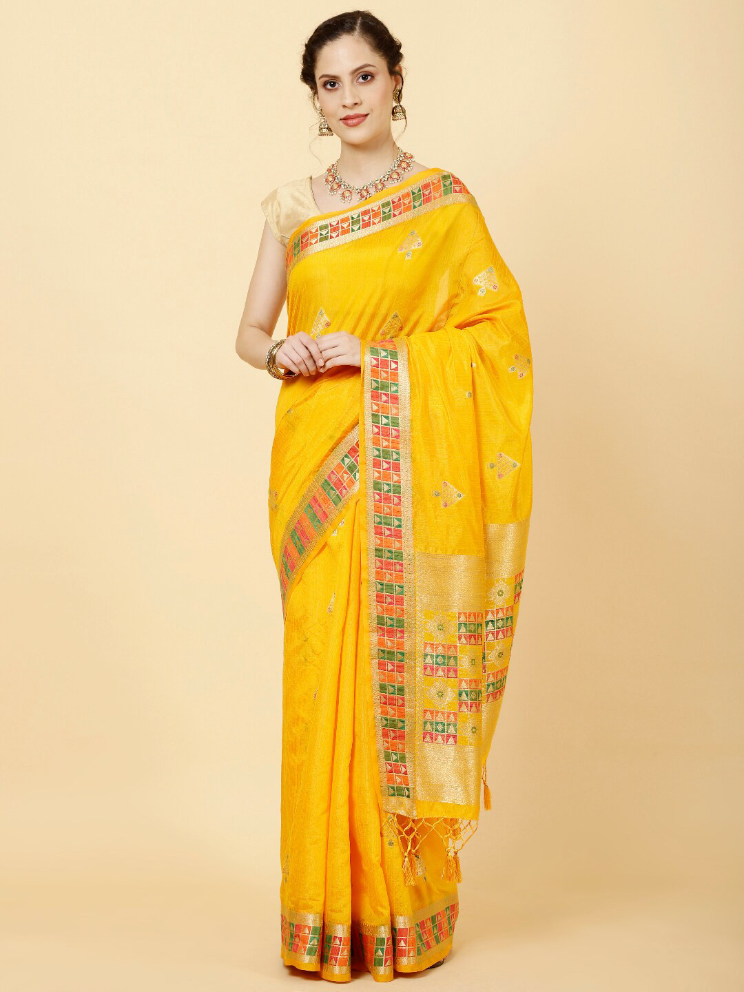

Meena Bazaar Ethnic Motifs Woven Design Zari Saree, Yellow