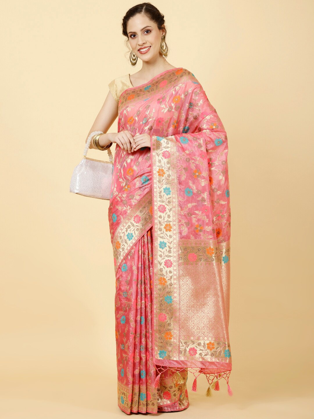 

Meena Bazaar Floral Woven Design Zari Organza Saree, Pink
