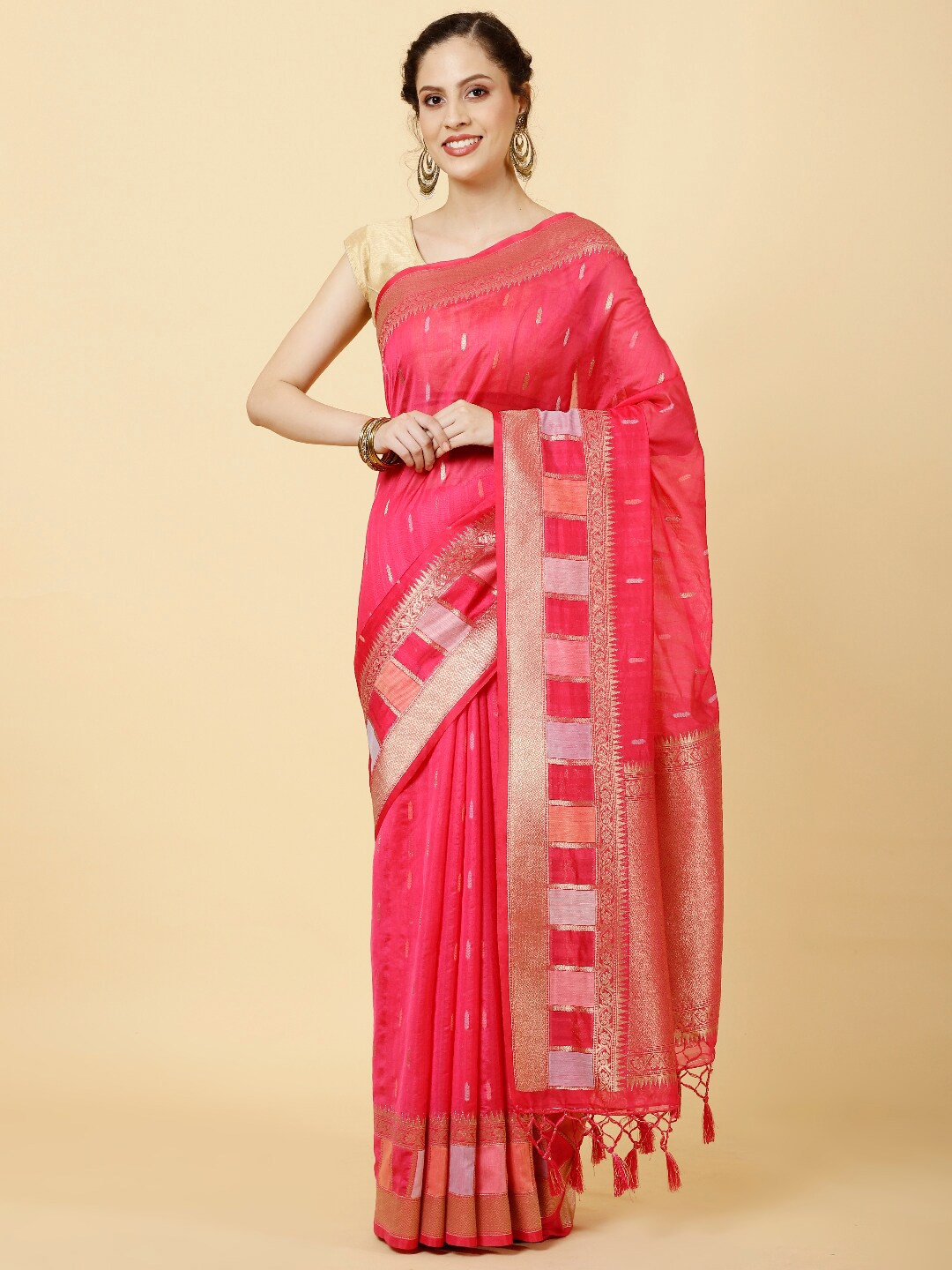 

Meena Bazaar Ethnic Motifs Woven Design Zari Art Silk Saree, Pink