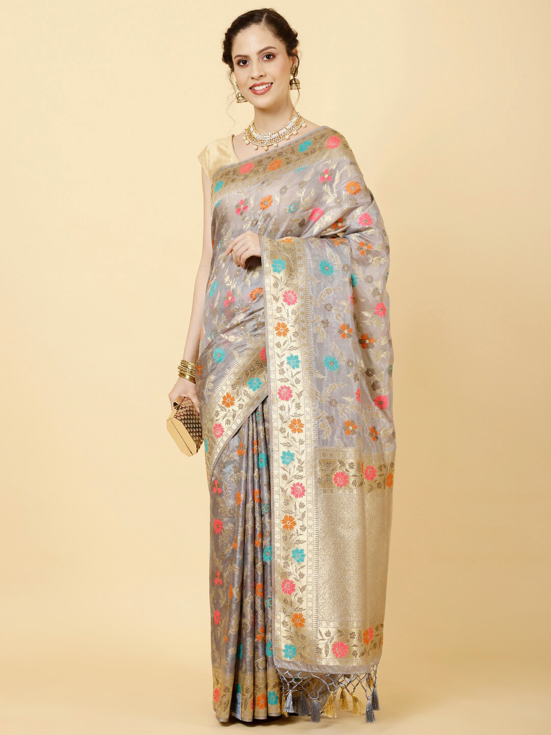 

Meena Bazaar Floral Woven Design Zari Organza Saree, Grey