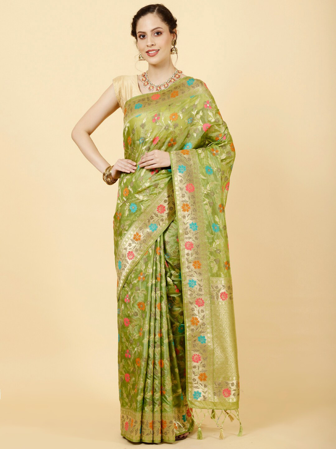 

Meena Bazaar Floral Woven Design Zari Organza Saree, Green