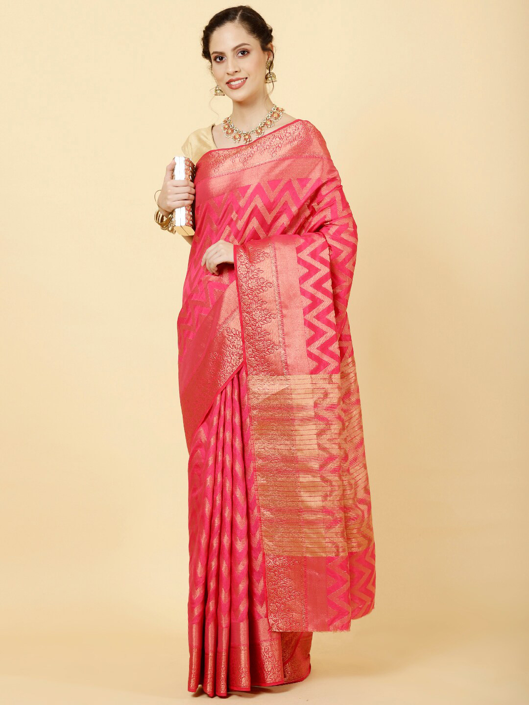 

Meena Bazaar Geometric Woven Design Zari Art Silk Saree, Pink