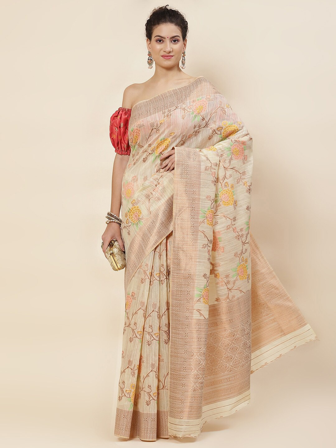 

Meena Bazaar Floral Printed Zari Saree, Yellow