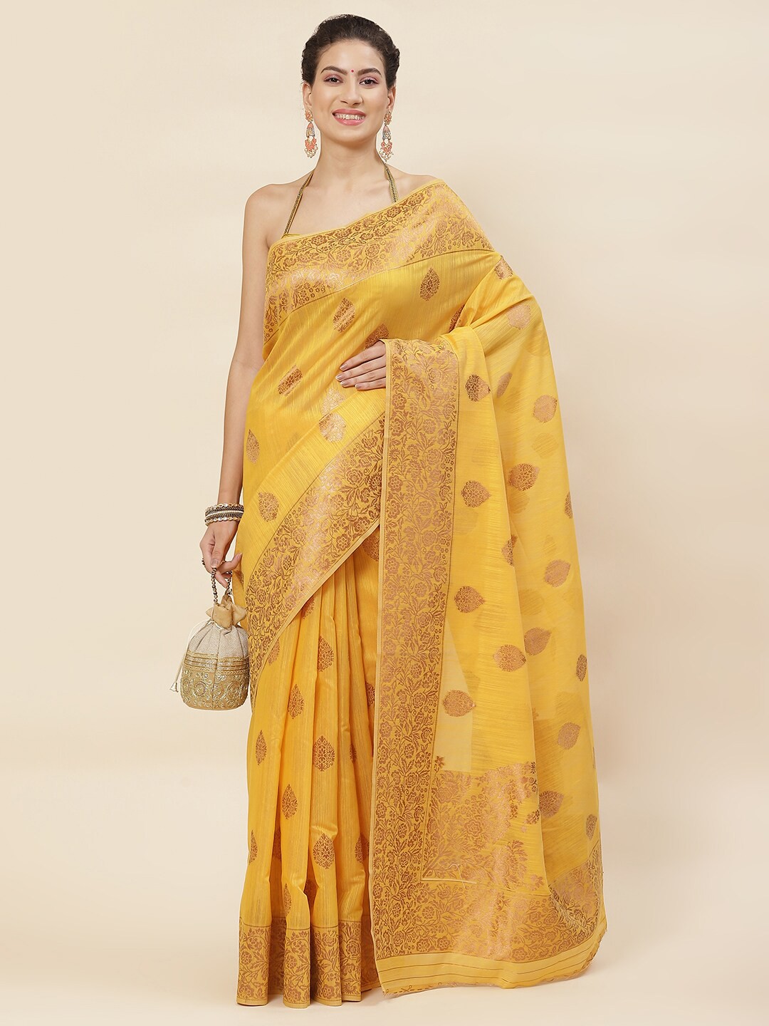 

Meena Bazaar Ethnic Motifs Woven Design Zari Saree, Mustard