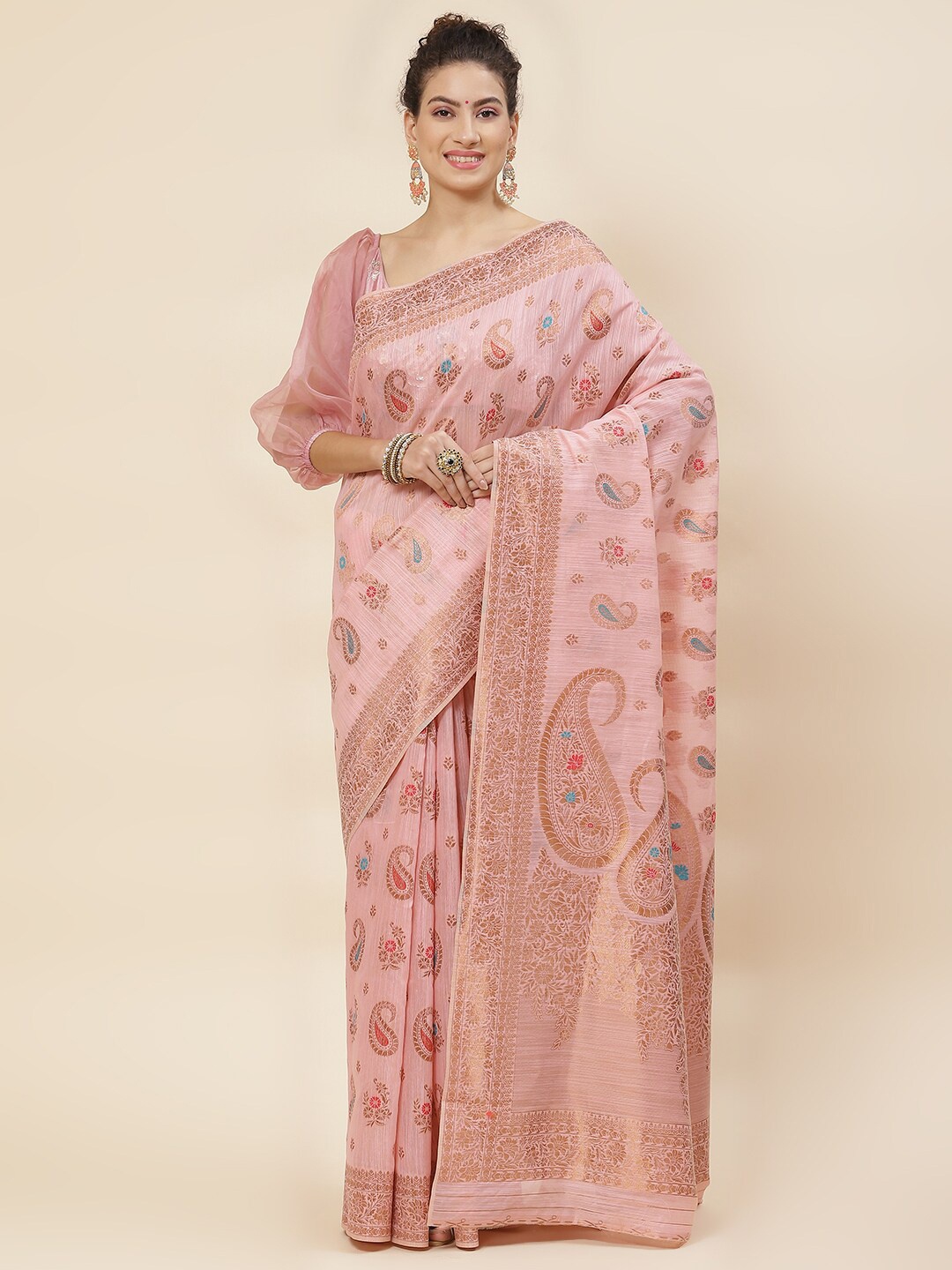 

Meena Bazaar Paisley Woven Design Zari Saree, Pink