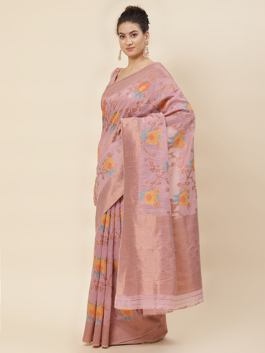 

Meena Bazaar Ethnic Motifs Woven Design Zari Saree, Purple