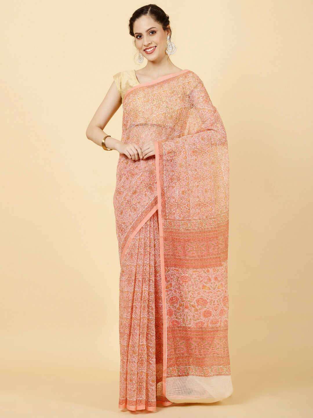 

Meena Bazaar Floral Printed Saree, Peach