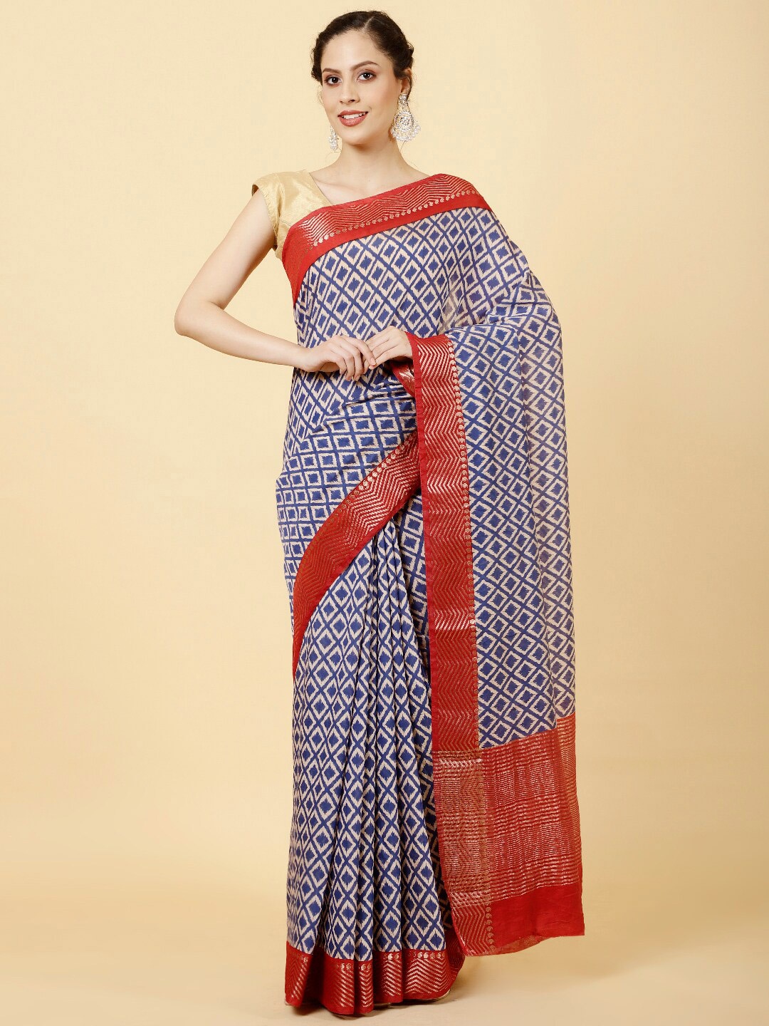 

Meena Bazaar Geometric Printed Zari Saree, Blue