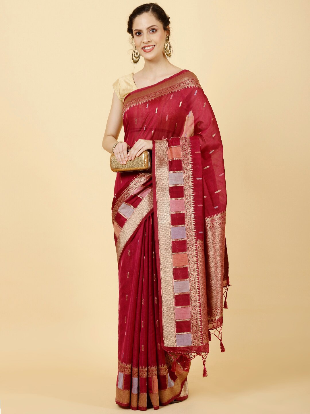 

Meena Bazaar Ethnic Motifs Woven Design Zari Saree, Burgundy