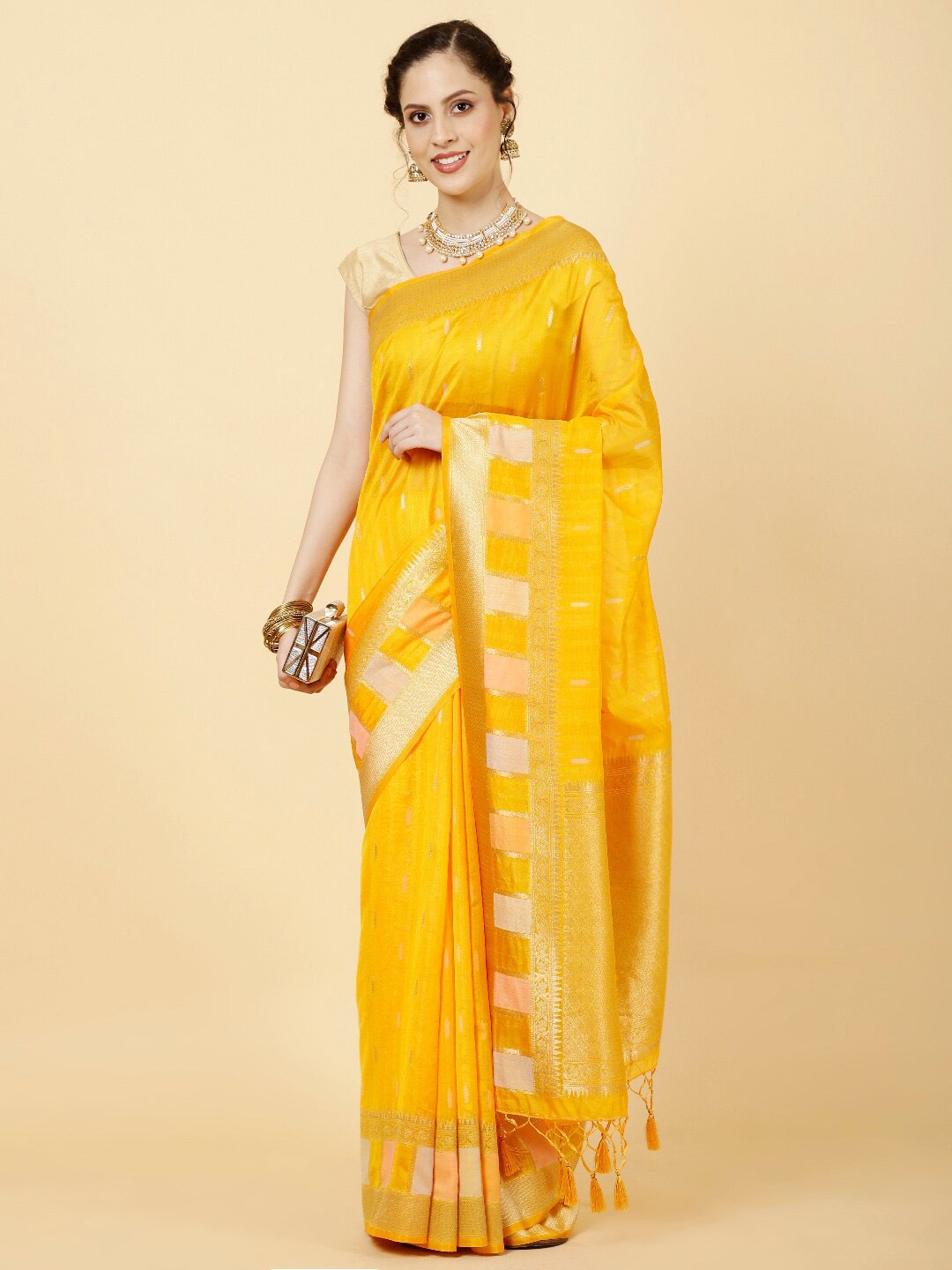 

Meena Bazaar Ethnic Motifs Woven Design Zari Saree, Mustard