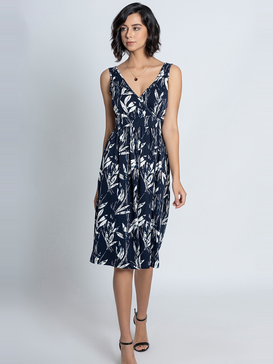 

B.Copenhagen Floral Printed V-Neck A-Line Midi Dress, Blue