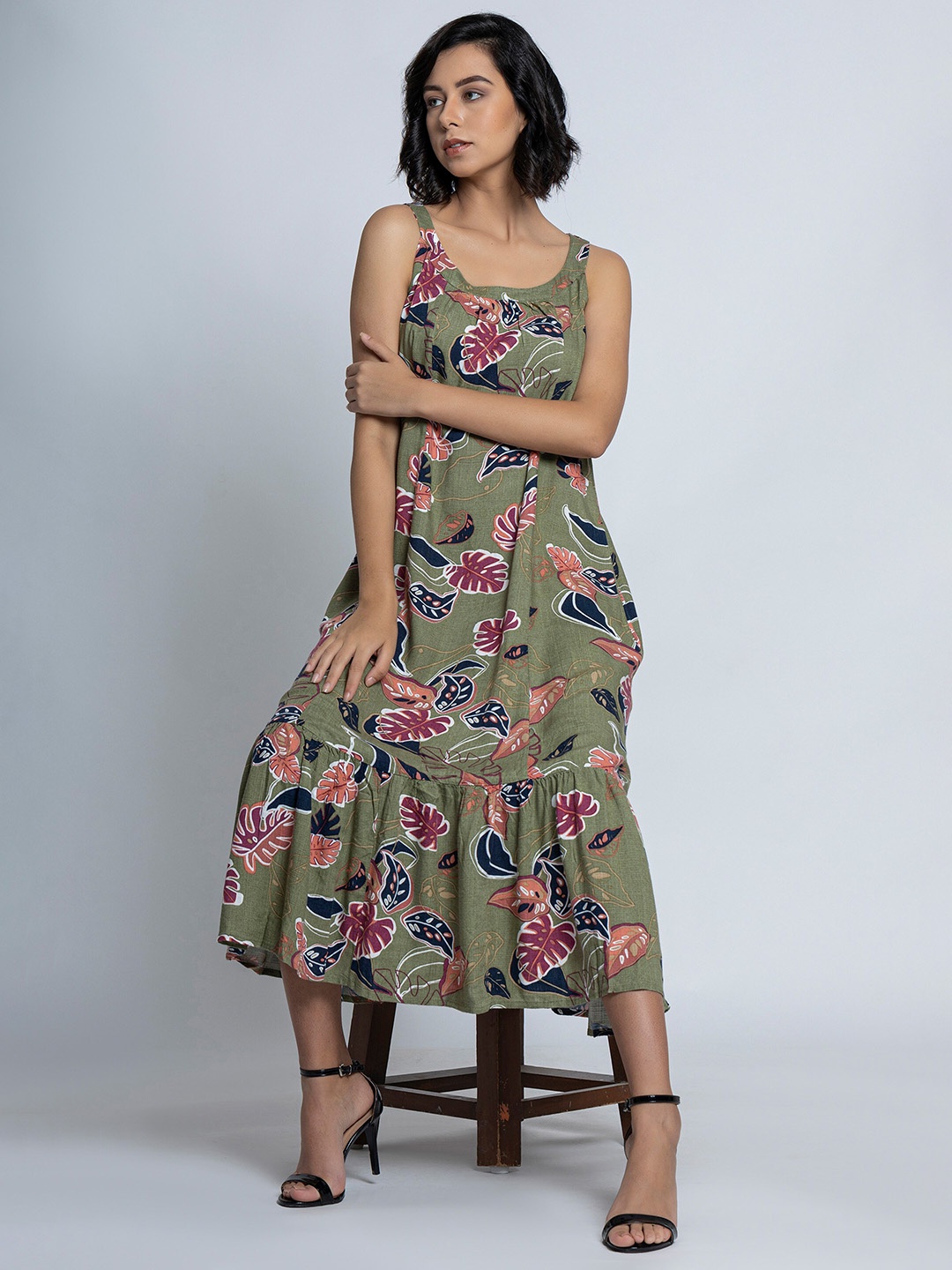 

B.Copenhagen Floral Printed A-Line Midi Dress, Green