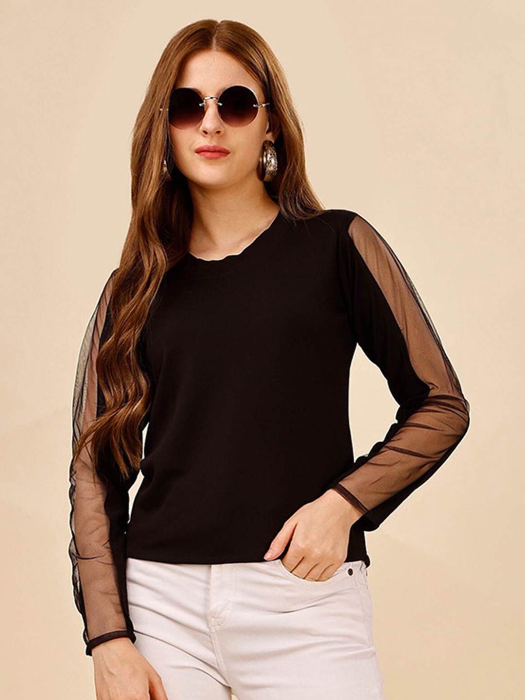 

DL Fashion Lace Insert Detail Crepe Top, Black