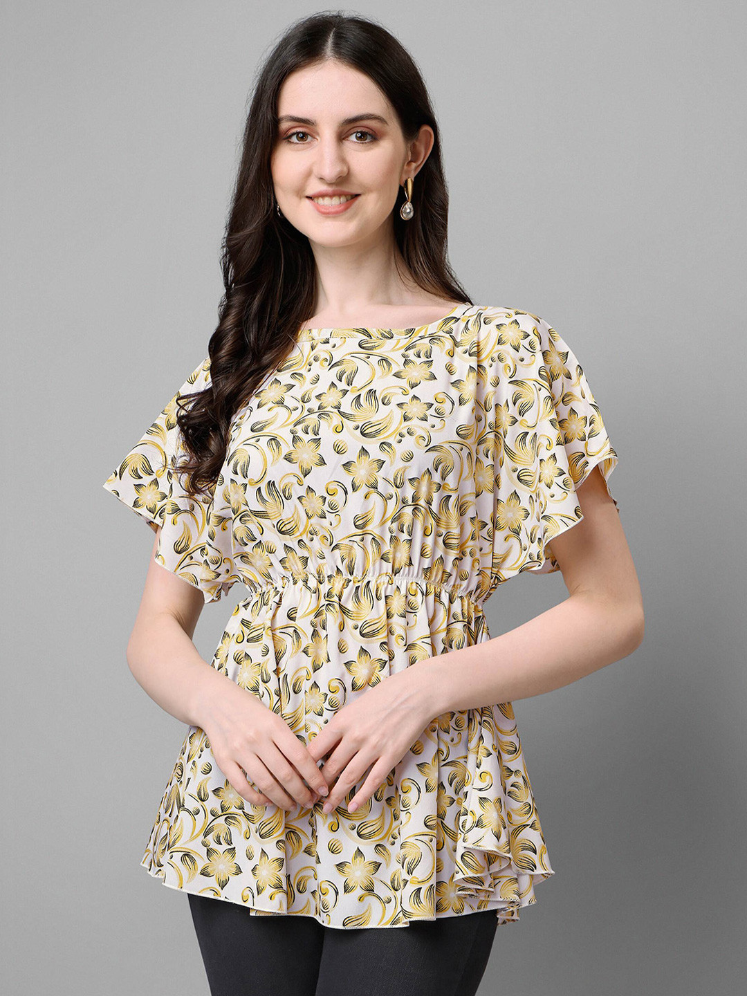 

DL Fashion Flore Printed Flutter Sleeves Crepe Empire Top, Yellow