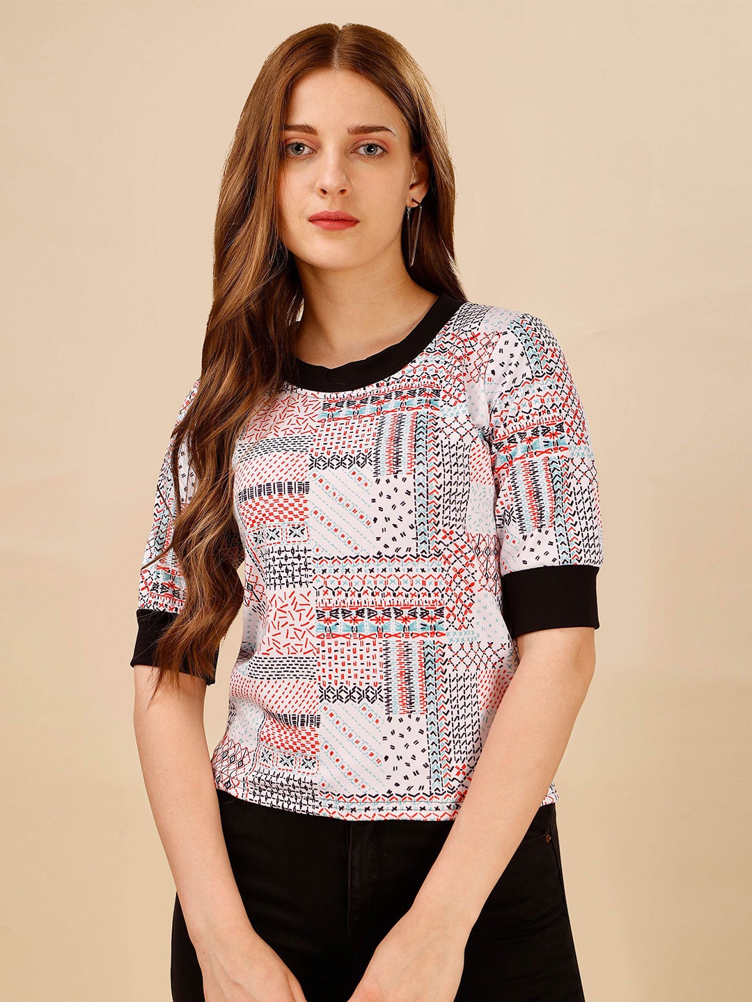 

DL Fashion Abstract Printed Round Neck Top, White