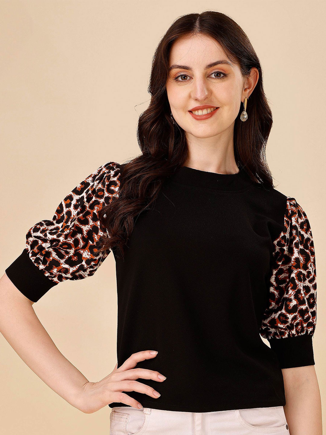 

DL Fashion Animal Printed Puff Sleeve Top, Black