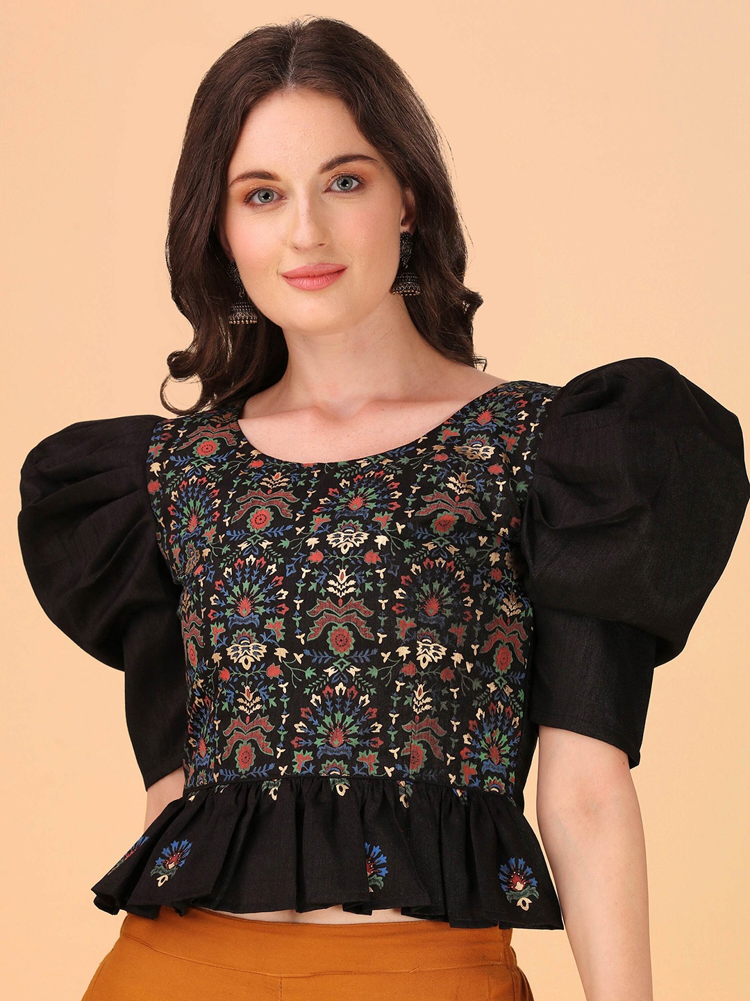 

DL Fashion Floral Print Puff Sleeve Crepe Peplum Top, Black