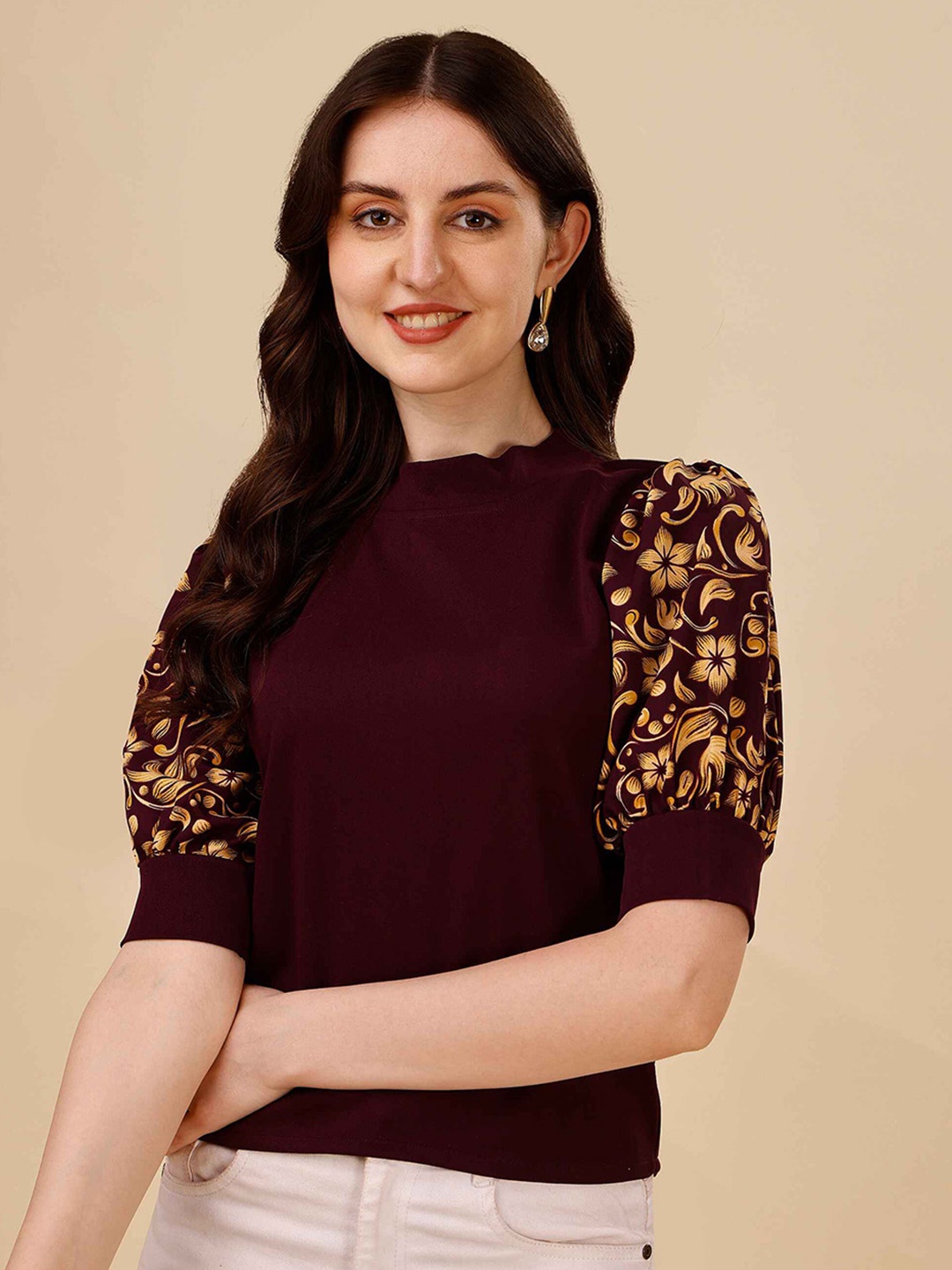 

DL Fashion Floral Printed Puff Sleeves Crepe Top, Maroon