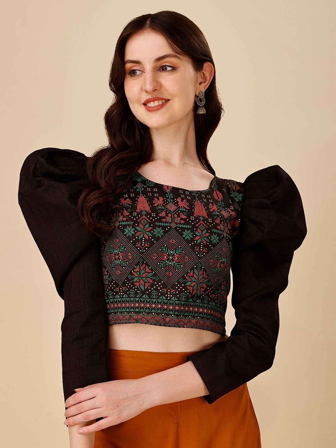 

DL Fashion Ethnic Motifs Printed Puff Sleeves Crop Top, Black