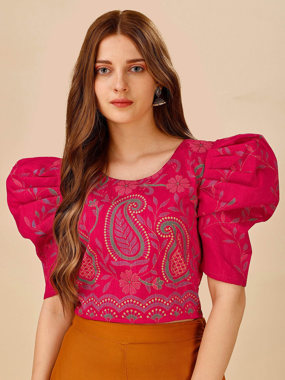 

DL Fashion Ethnic Motifs Printed Puff Sleeve Crop Top, Pink