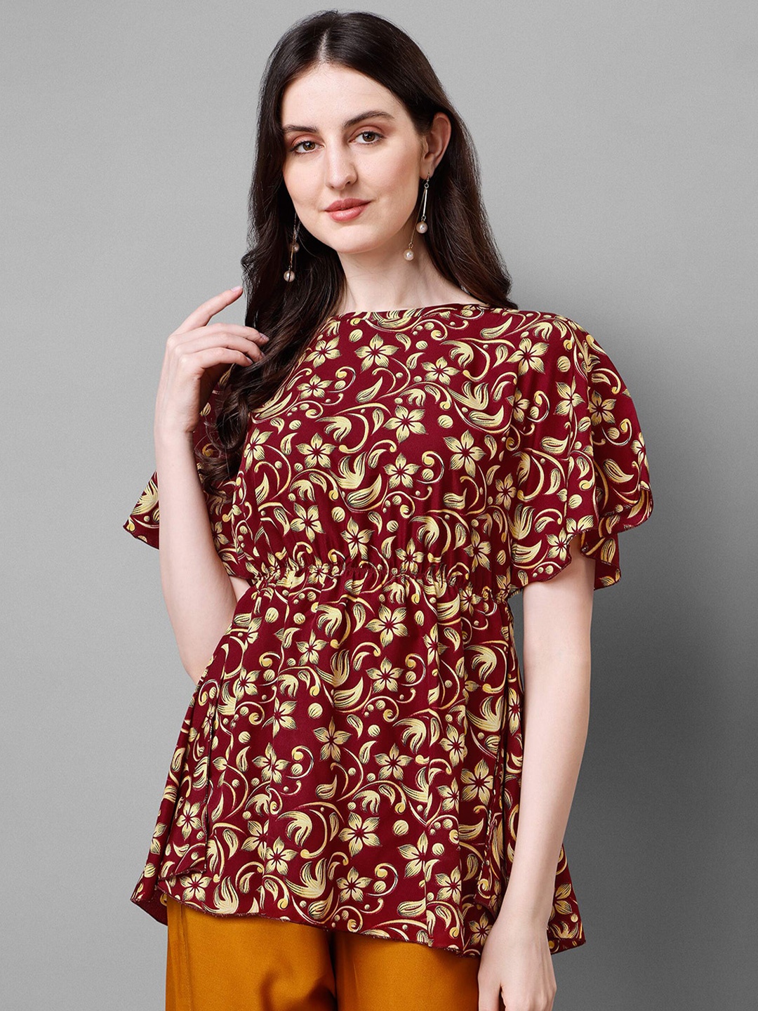 

DL Fashion Floral Printed Flared Sleeves Gathered Peplum Top, Maroon
