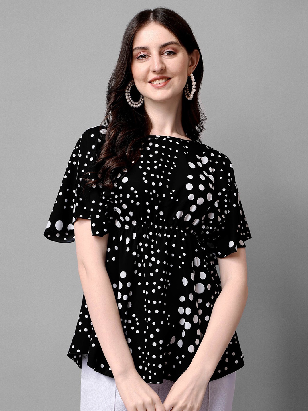 

DL Fashion Geometric Printed Flared Sleeves Gathered Peplum Top, Black