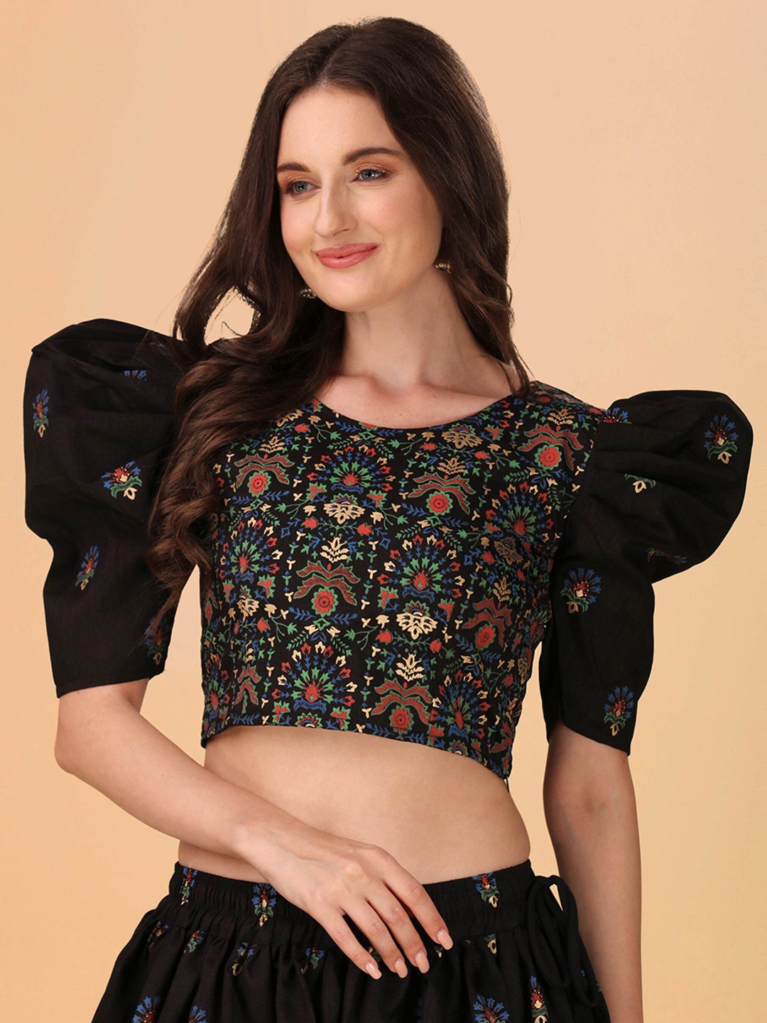 

DL Fashion Floral Printed Puff Sleeves Crepe Crop Top, Black