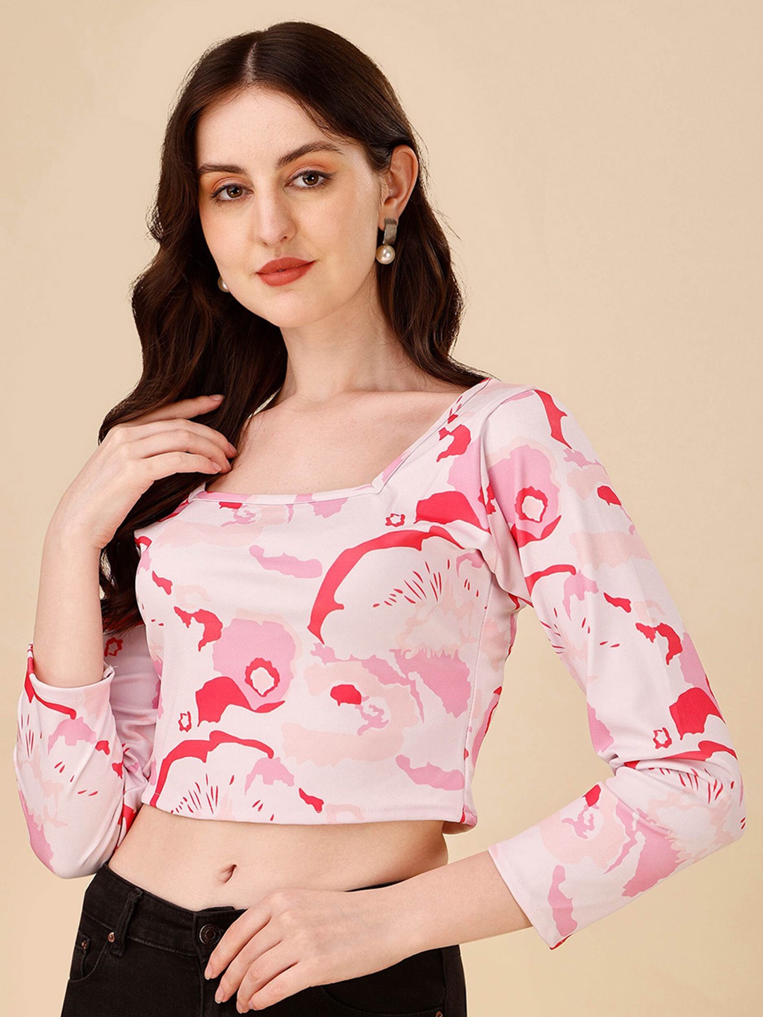

DL Fashion Abstract Printed Square Neck Crepe Crop Top, Pink